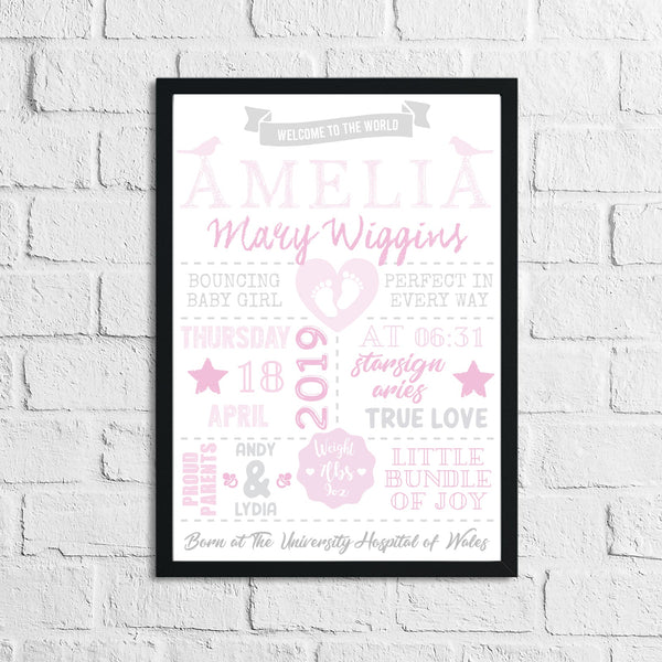 Personalised Baby Girl's Birth Pink Children's Bedroom Room Wall Decor Print