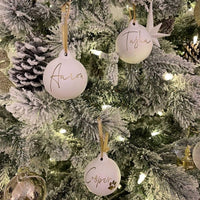 Set Of 3 Personalised Single Name Festive Satin Ribbon Christmas Ceramic White 6cm Baubles