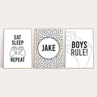 Personalised Name Gamer Eat Sleep Game Repeat Children's Wall Decor Set Of 3 Prints